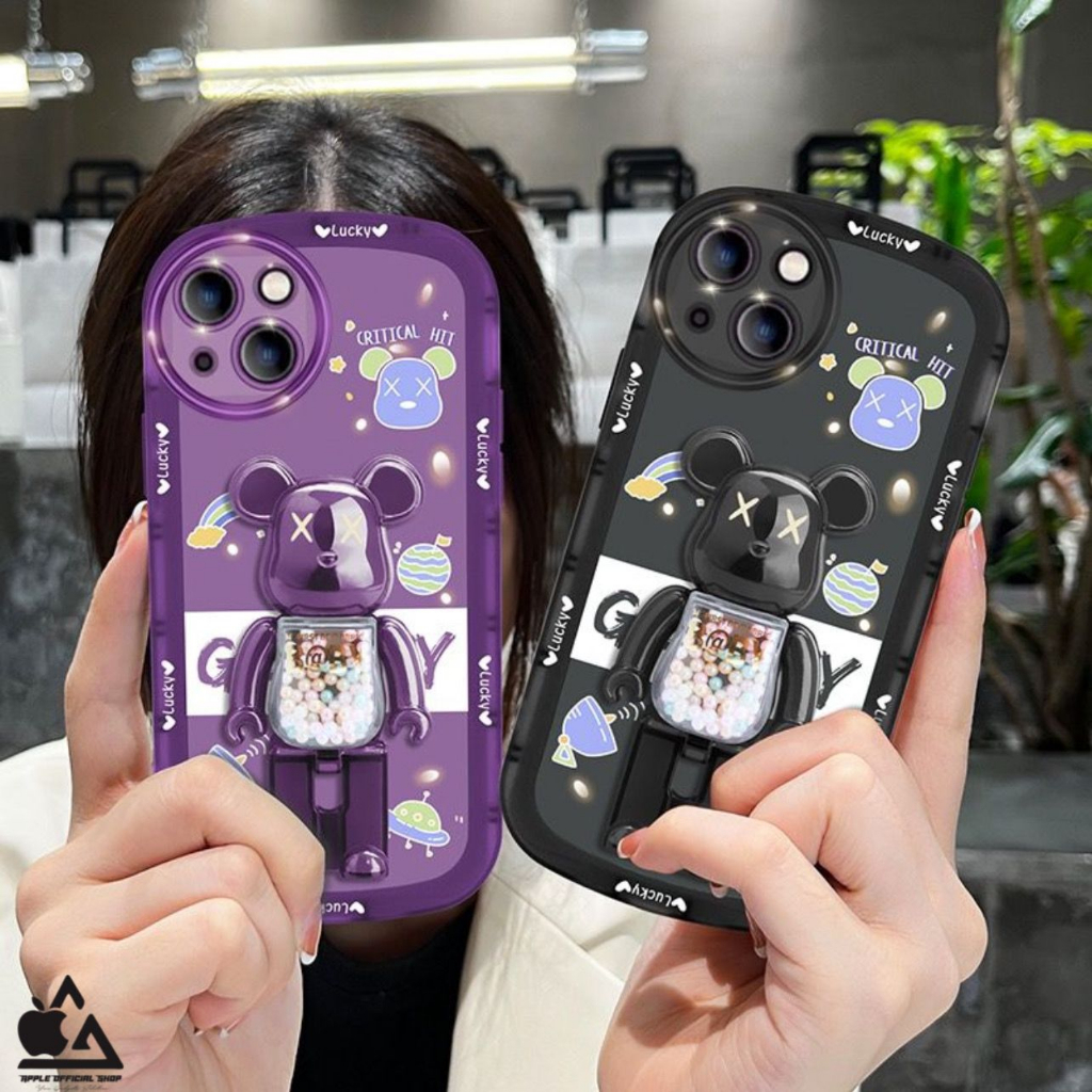 LUXURIOUS Soft 4D BE@RBRICK Pop Standing iPhone 12 PRO MAX 11 PRO MAX XR X XS MAX 7 7+ 8 8+ BearBrick Bear Brick Stand Chrome Krom Circle Camera Protector Protection Pelindung Kamera Bulat Standing Case SILIKON BENING SILICONE SOFTCASE SOFT CASE Jelly