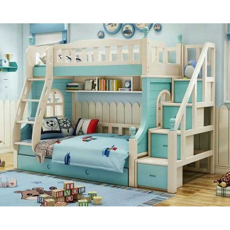 Tempat tidur tingkat anak, dipan tingkat 3 susun, ranjang tingkat kayu tangga laci