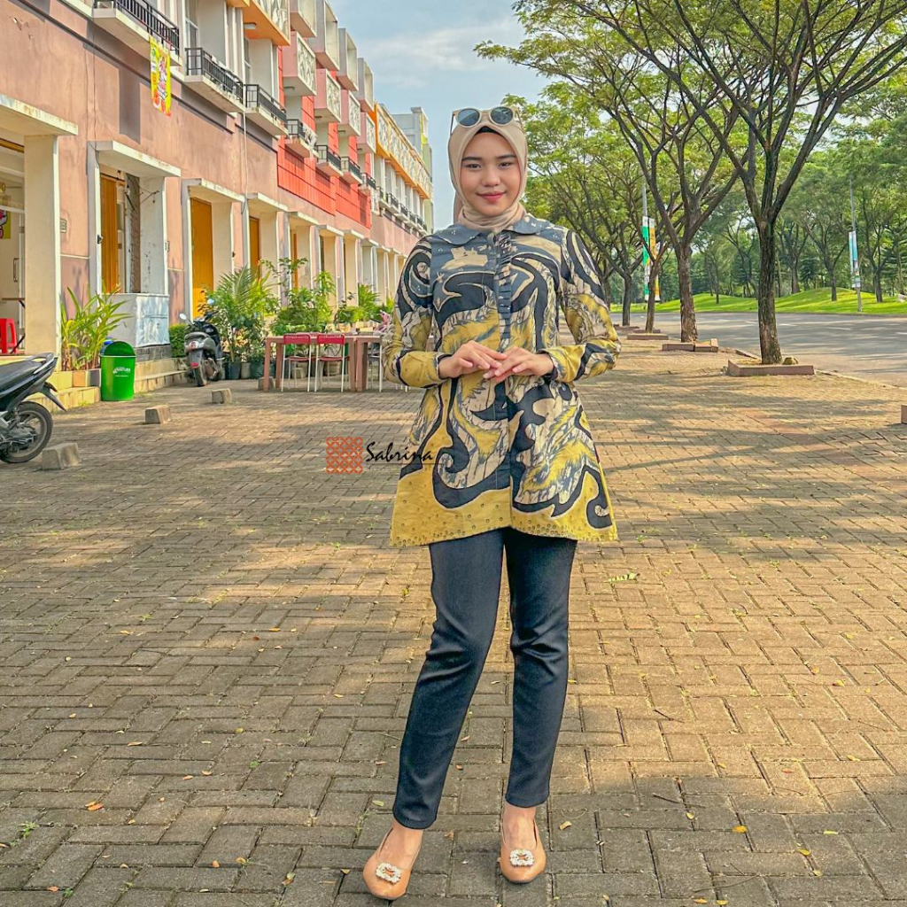 HEDIA Tunik Blouse Atasan Batik Kerja Kantor Wanita Modern Kekinian Print Katun Abstrak