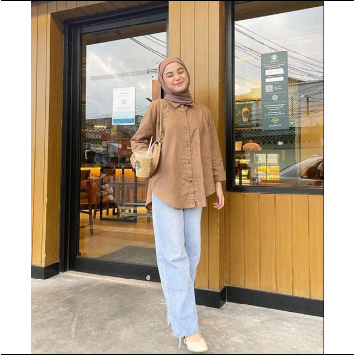 Kemeja Wanita Linen Oversize Olivia Shirt Linen Pocket Lengan Panjang