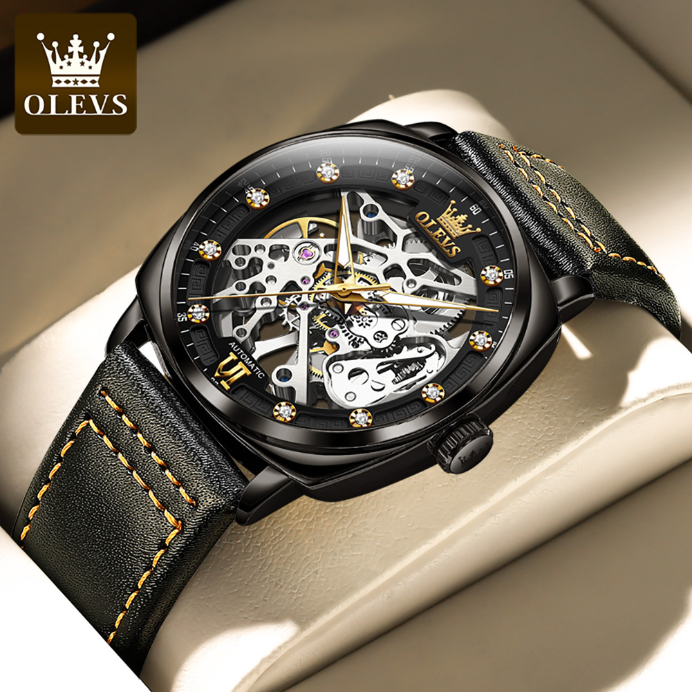 OLEVS Jam Tangan Pria Anti Air Original Automatic Watchbrands Luxury Kotak Hadiah Keren Luminous Kulit Tali Leather Watch 6651