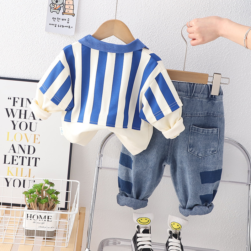 setelan lengan panjang anak motif salur dino biru putih usia 6 bulan sampai 5 tahun keren premium import