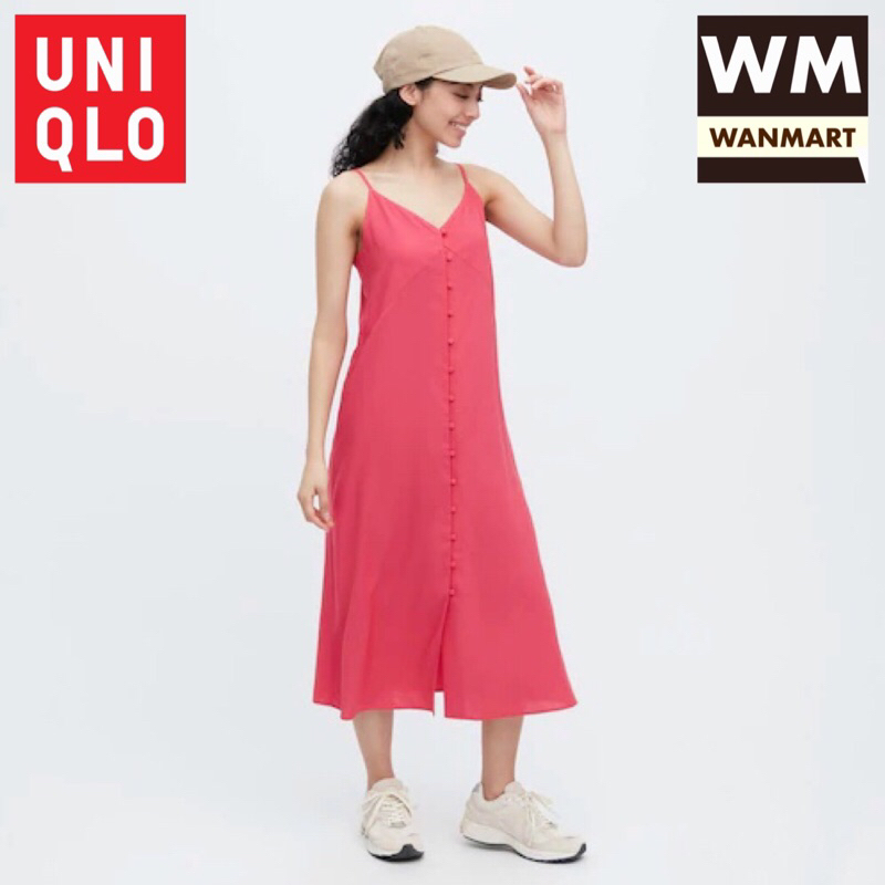 UNIQLO Women Button Down Dress Gaun Kamisol Wanita Flare Kancing Pink