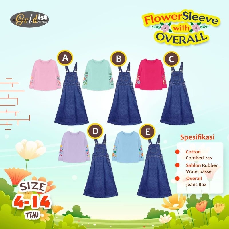 READY FLOWER SLEEVE WITH OVERALL 4-14 TAHUN / BAJU OVERALL ANAK GADIS TANGGUNG ,/ BAJU GAMIS KODOK A