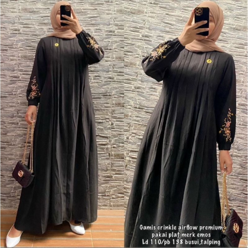 gamis Crinkle plat merk emos hitam