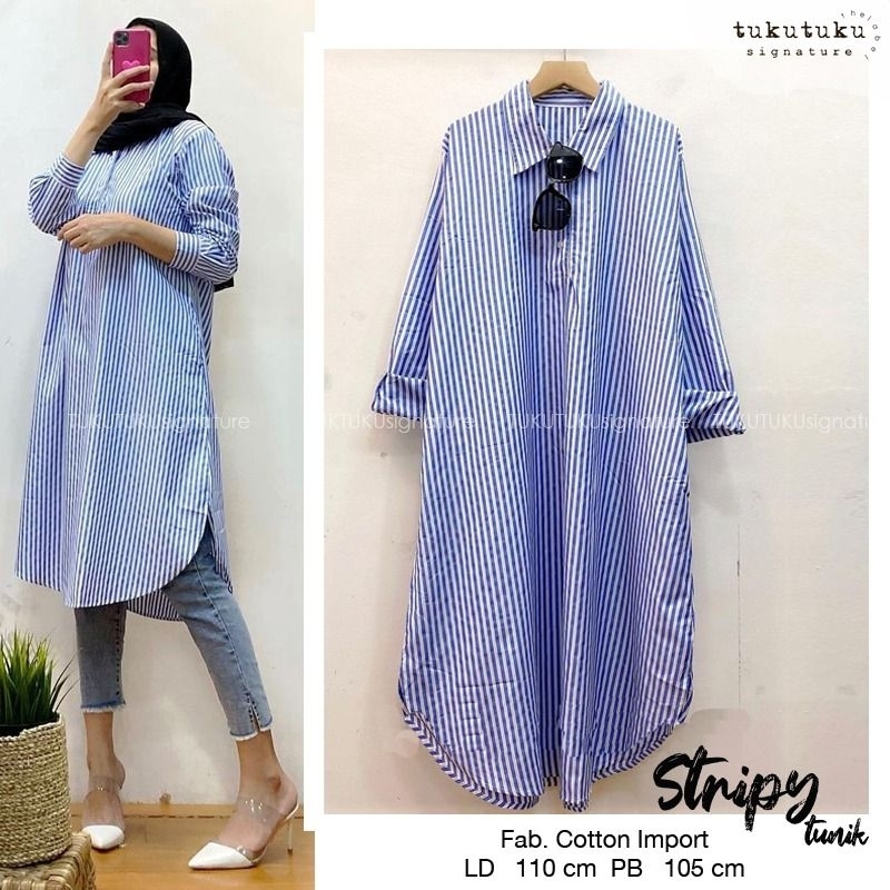 Stripy Long Tunik Katun Import Motif Garis Salur Ld 110 Jumbo Fit XXL Busui Kancing By TukuTuku