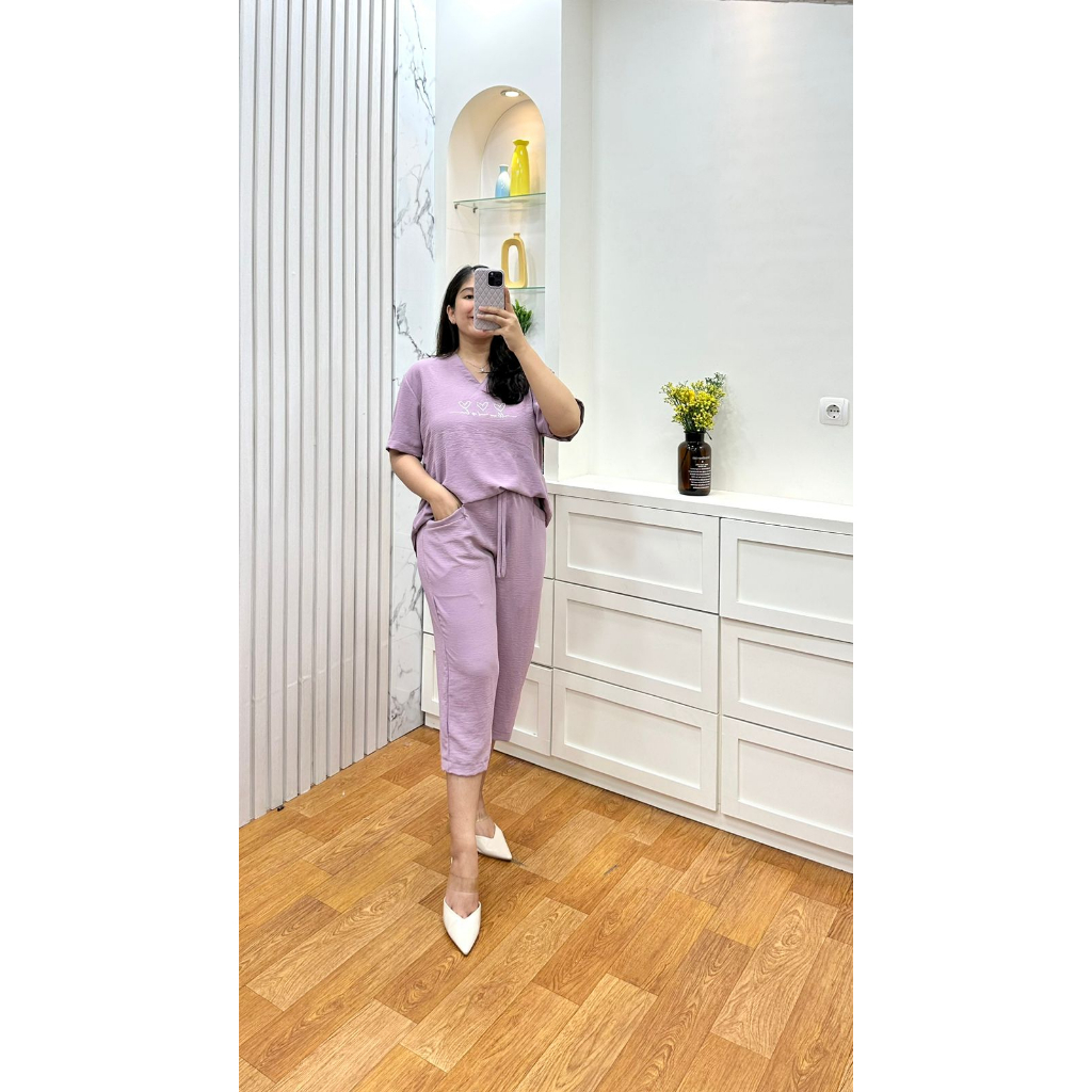 One set NADINE annisa fashion setelan wanita cringkle airflow sablon bunga dan love terbaru