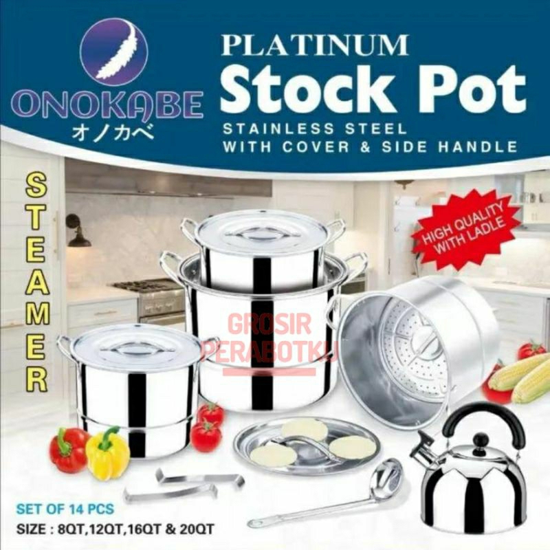 Panci Stock Pot Steamer Stainless Set + Teko Onomane / Onokabe Platinum Quality