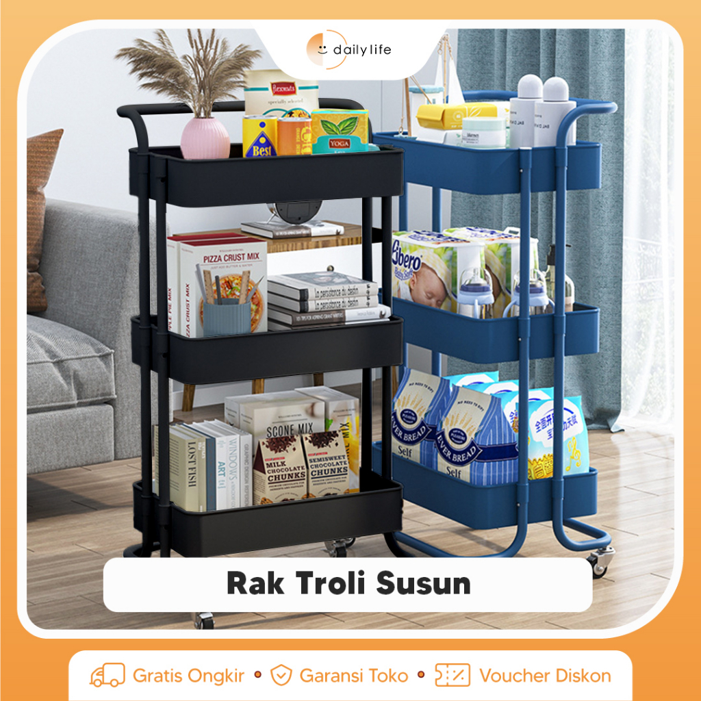 Rak Roda Rak Troli Susun 3 Tingkat Multifungsi Muat Banyak Barang -RAK-RODA3SSN- Dailylifeid