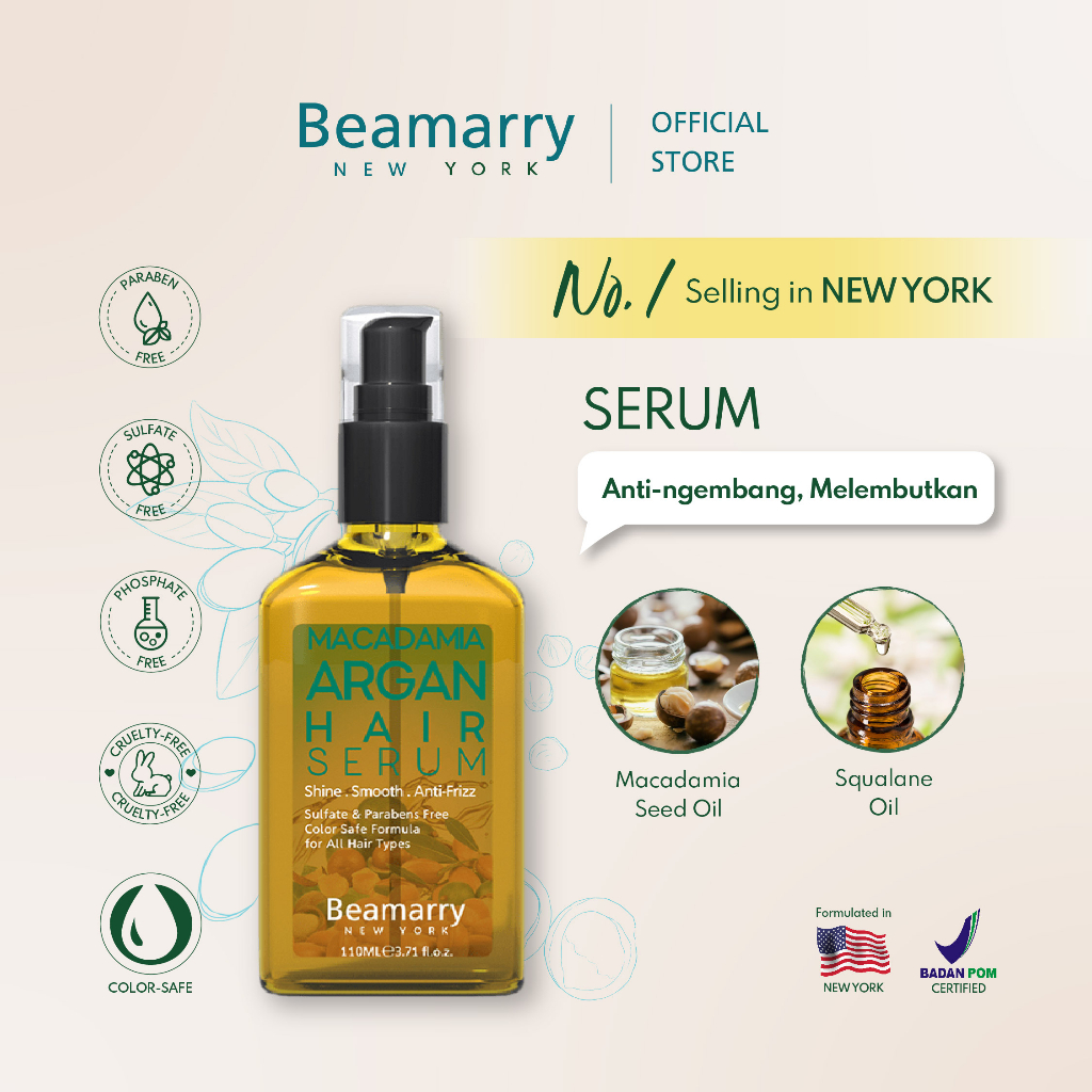 Beamarry Newyork | 2in1 Hair Serum Tonic Macadamia Argan Smooth 110ml | Untuk Rambut Mengembang, Ikal, Tebal Tidak Merata, Susah Diatur, dan Kusam