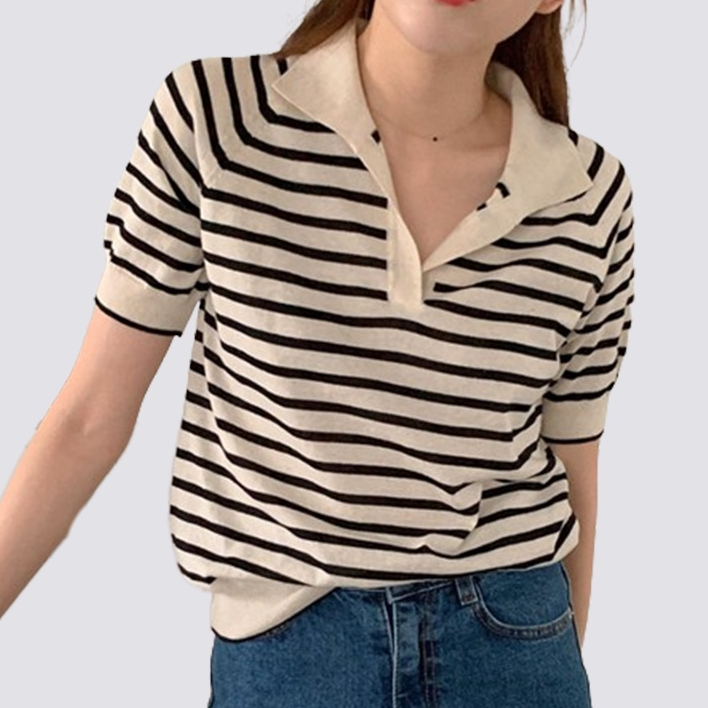 XIAOZHAINV Korean Style Kaos Knit Crop Top Stripe Baju Tunik Atasan Wanita