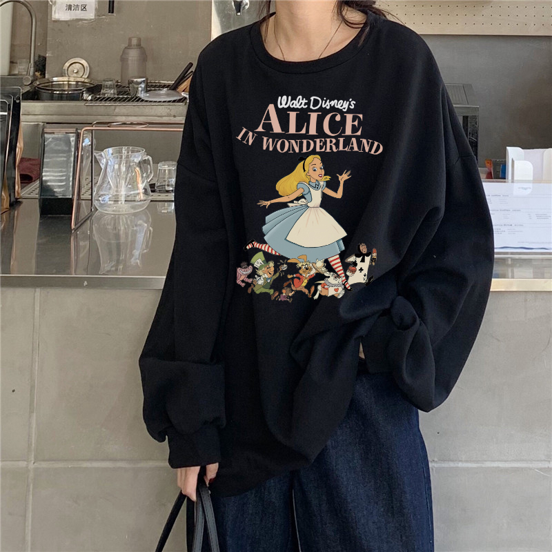 XiaoZhaiNv Korean Style Alice In Wonderland Pattern Lengan Panjang Baju Sweater Wanita A0912