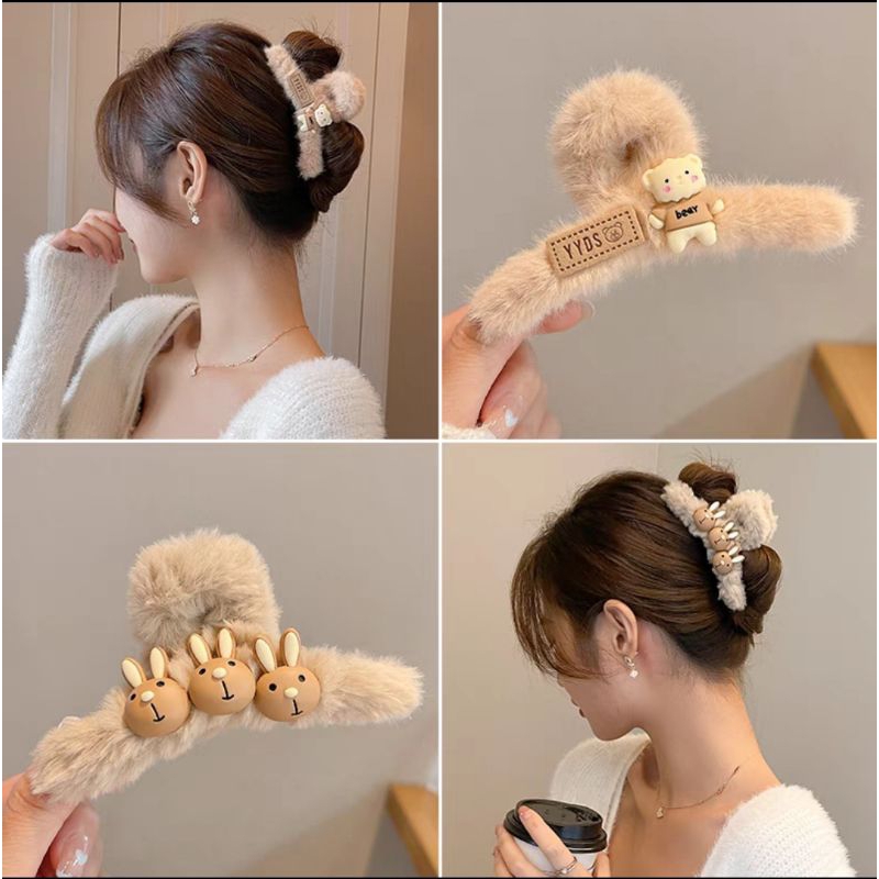 Jepit Rambut Bulu Boneka Korea 12cm Jedai Jumbo Model Bulu Halus Aksesoris Rambut Wanita Snail Rasfur Fluffy Faux Fur Hair Claw Clips