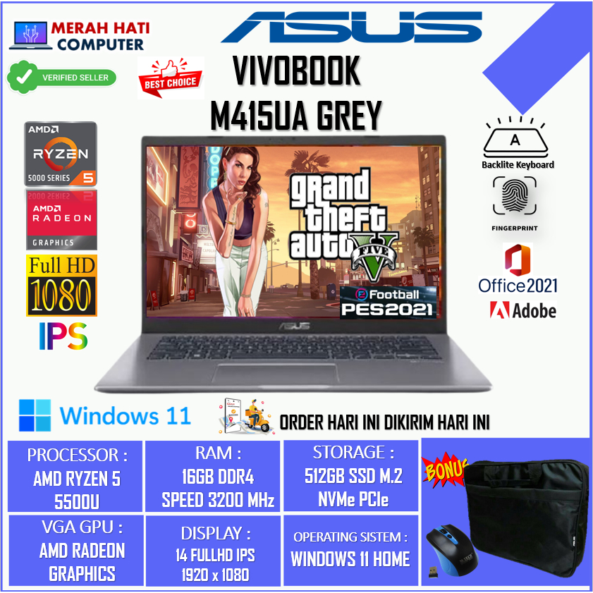 LAPTOP GAMING ASUS VIVOBOOK 14 M415UA AMD RYZEN 5 5500U 16GB 1TB 14 FHD BL FP WIN10HOME GREY ORIGINAL