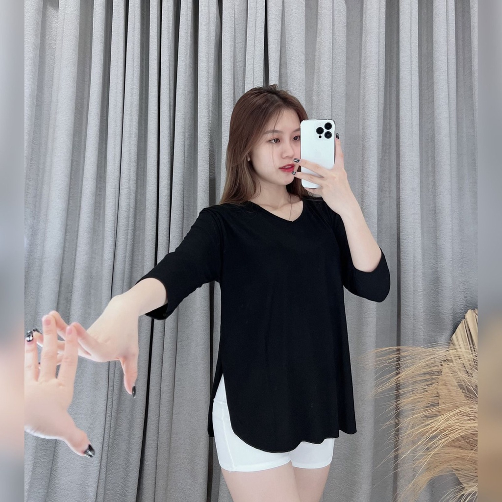 Kaos Vneck Polos Slit V neck Wanita Lengan Panjang