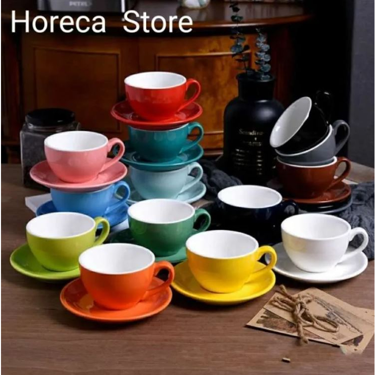 Cangkir Kopi Keramik Dengan Tatakan / Gelas Latte Cappuccinno / Coffee Cup 250ml Warna Warni / Gelas