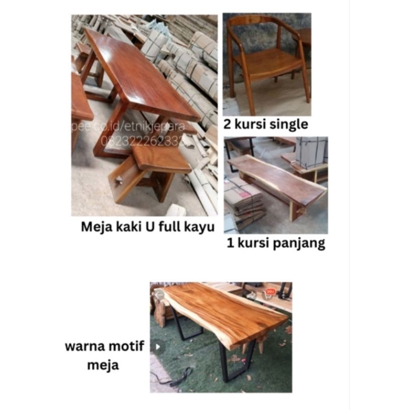 Meja makan meja kerja kayu trembesi utuh kaki model U 150x70x75, kursi sandaran 2, kursi panjang 1
