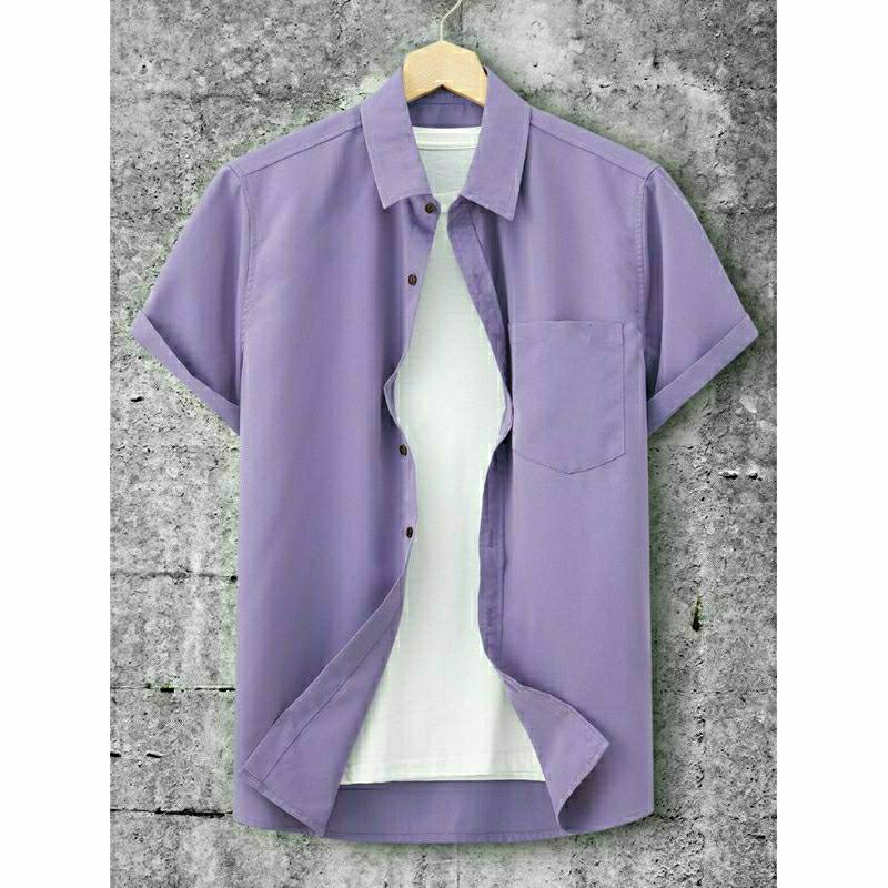 Kemeja  Polos Pria Lengan Pendek Lilac Ungu Muda Terbaik Mall