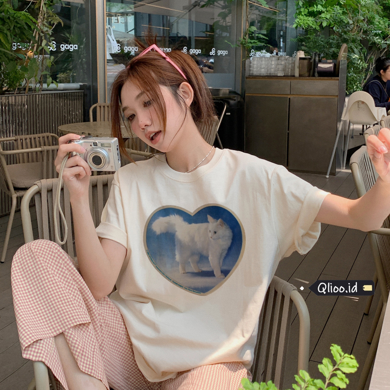 Print T-shirt Kaos Lengan Pendek Cute Cat Oversize Atasan Wanita Korean Style