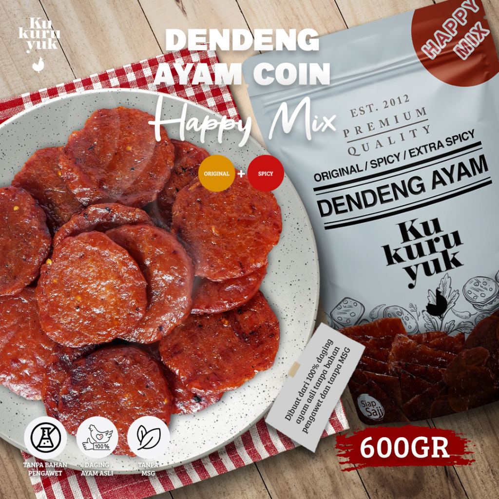 

HAPPY MIX (Coin 2 Rasa) Paket 2 Variant 600 g Dendeng Ayam Kukuruyuk Makanan Siap Saji