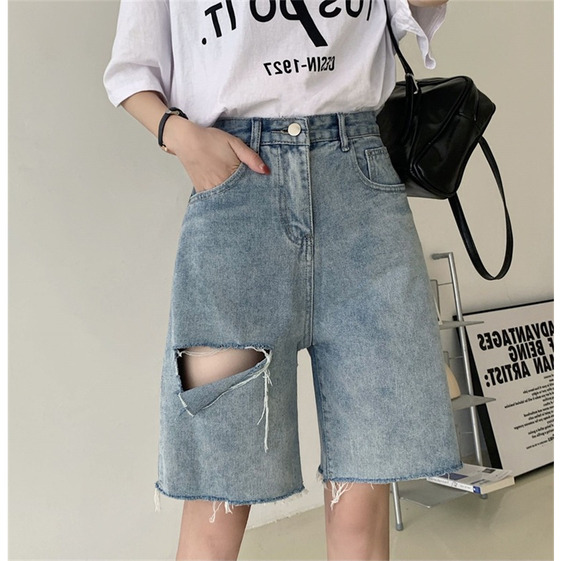 Biru Highwaist Robek Celana Pendek Jeans Wanita Korean Kekinian