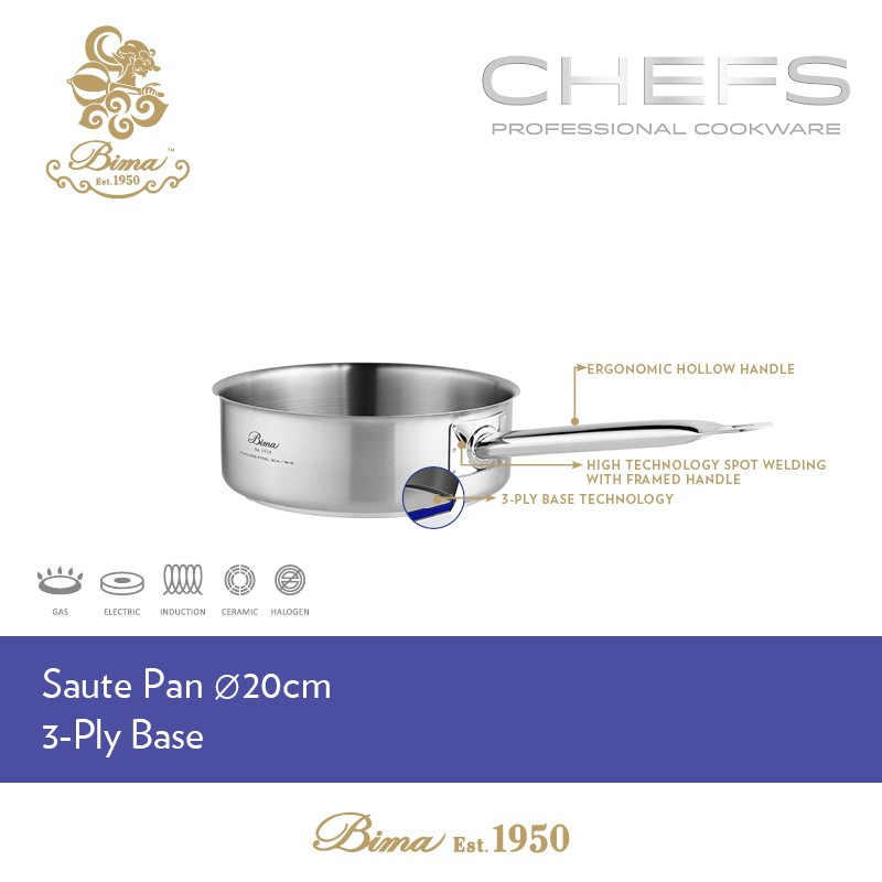 Bima Saute Pan Chef SUS 304 3Ply Tebal Wajan Stainless Steel 20cm 24cm 28cm Panci Tumis Tahan Lama A