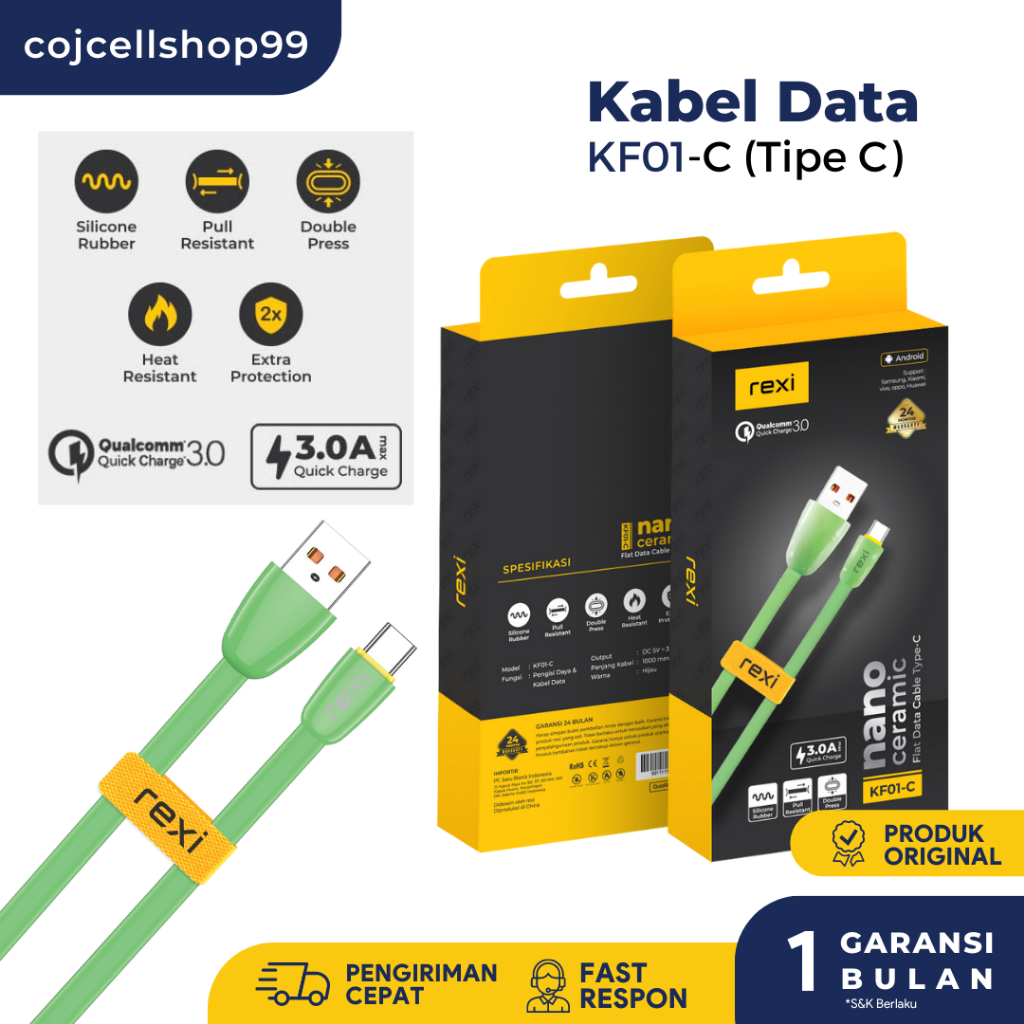 Kabel Data Rexi Type KF01-C Buat HP Type C Fast Charging 3.0A Nano Ceramic