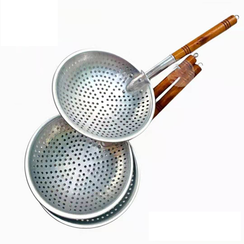 Serok Plat Tirisan Saringan Minyak Makanan Serok Alumunium Gagang Kayu Anti Karat Strainer Frying Kitchen Ware