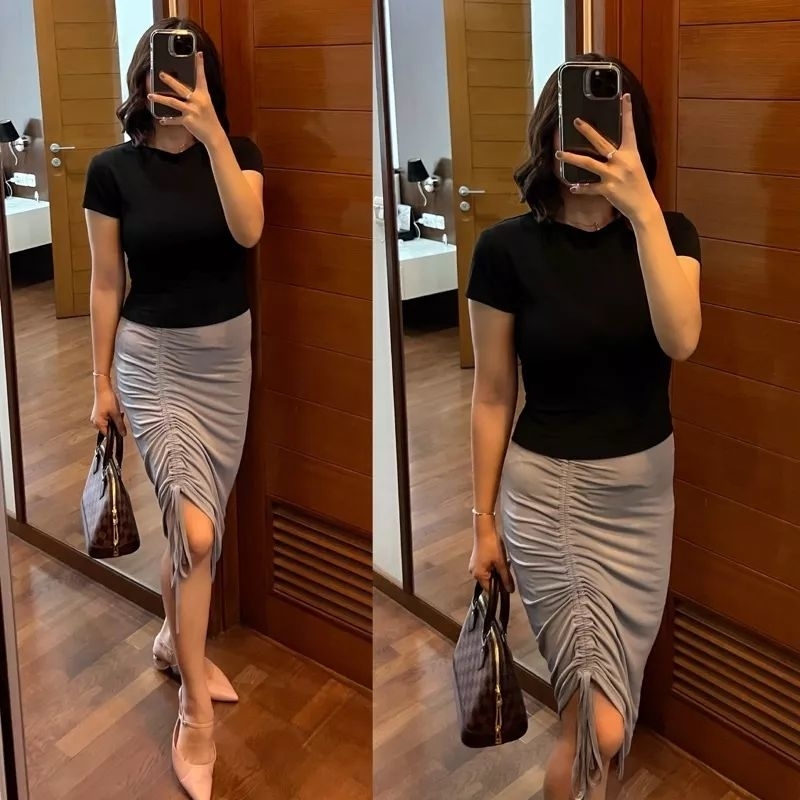 Midi Skirt Serut Rok pantai wanita Bodycone