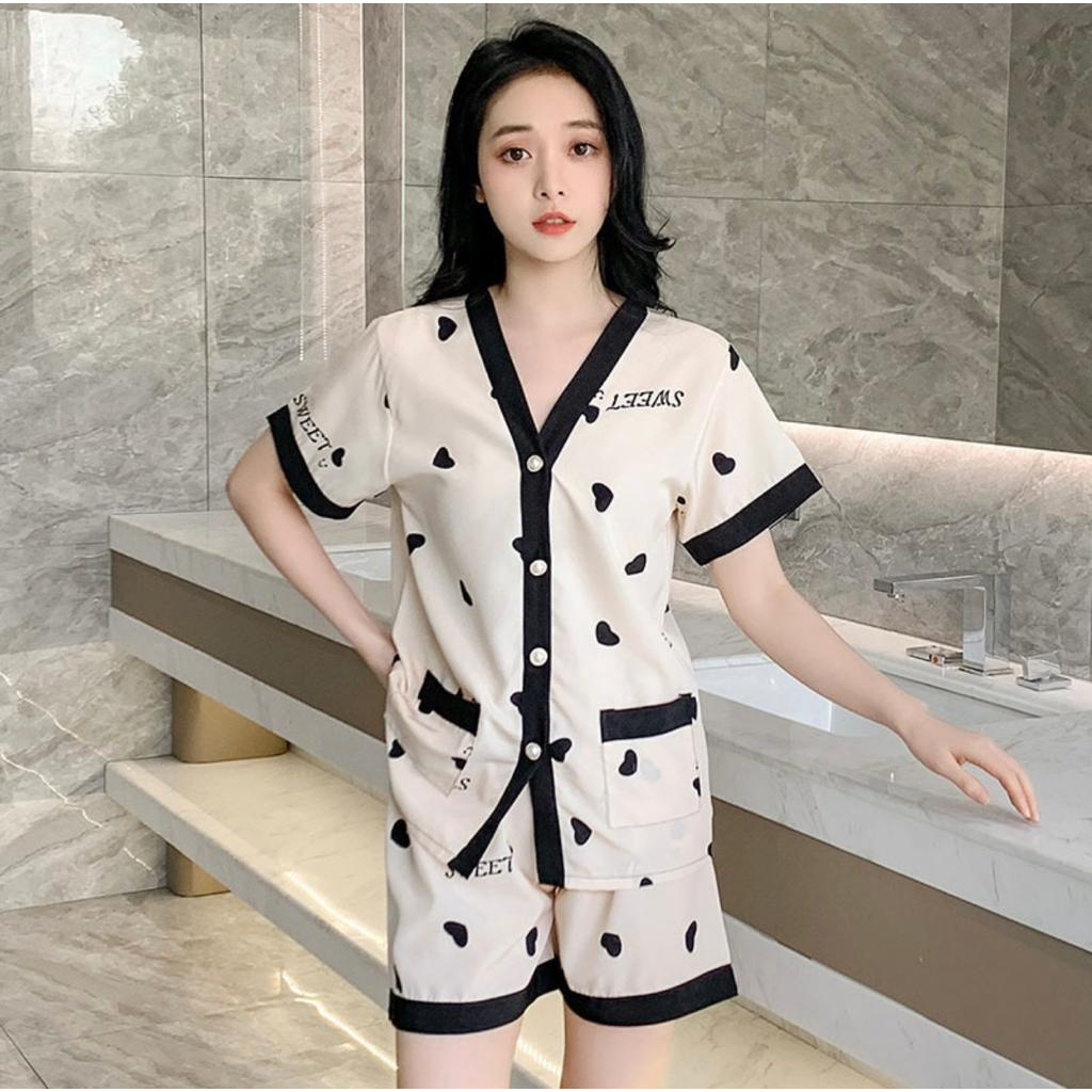 TERBARU!!! Piyama Wanita Kancing Design Pearl Celana Pendek Lengan Pendek IMPORT Best Quality / Baju Tidur / Piyama / Piyama Wanita / High Quality / Sleepwear