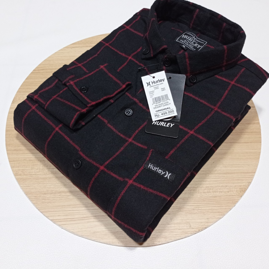 kemeja flannel pria lengan panjang hitam garis merah big size jumbo