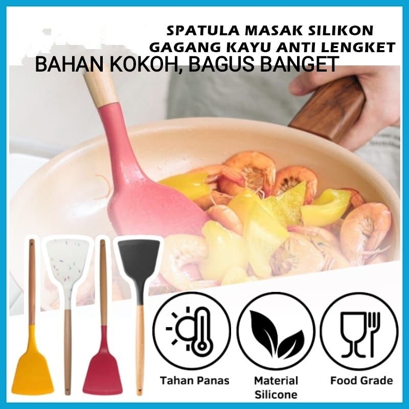 Spatula Silikon Gagang Kayu 32cm / Sutil Masak Untuk Goreng Tumis Tahan Panas