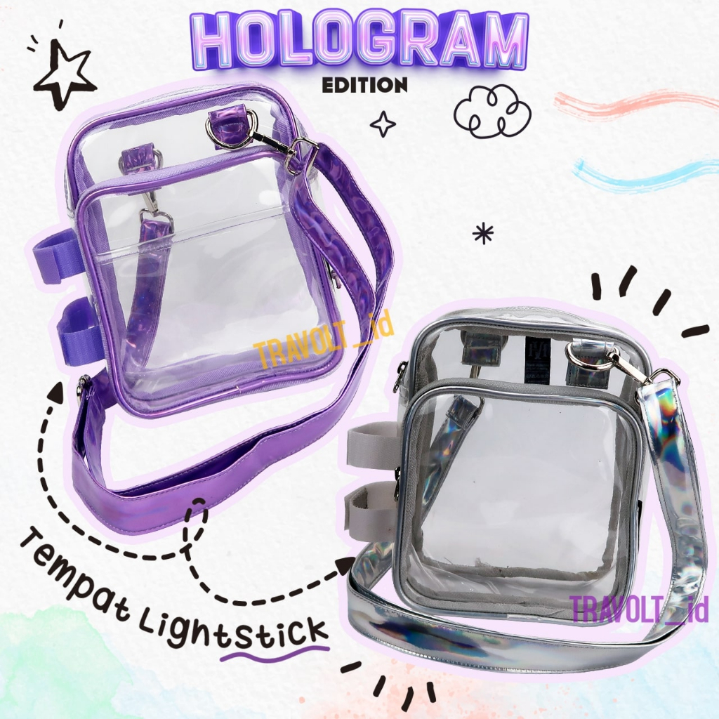 Tas Selempang Transparan Resleting - Travolt - HOLOGRAM Sling bag - Tas PVC Mika tebal - Tas Konser KPOP - Hand bag Tas Selempang - Hologram Edition