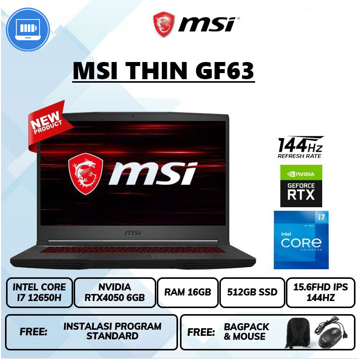 Laptop Msi thin gf63 Core i7 12650h Ram 16gb ssd 512gb 15.6&quot; FHD IPS