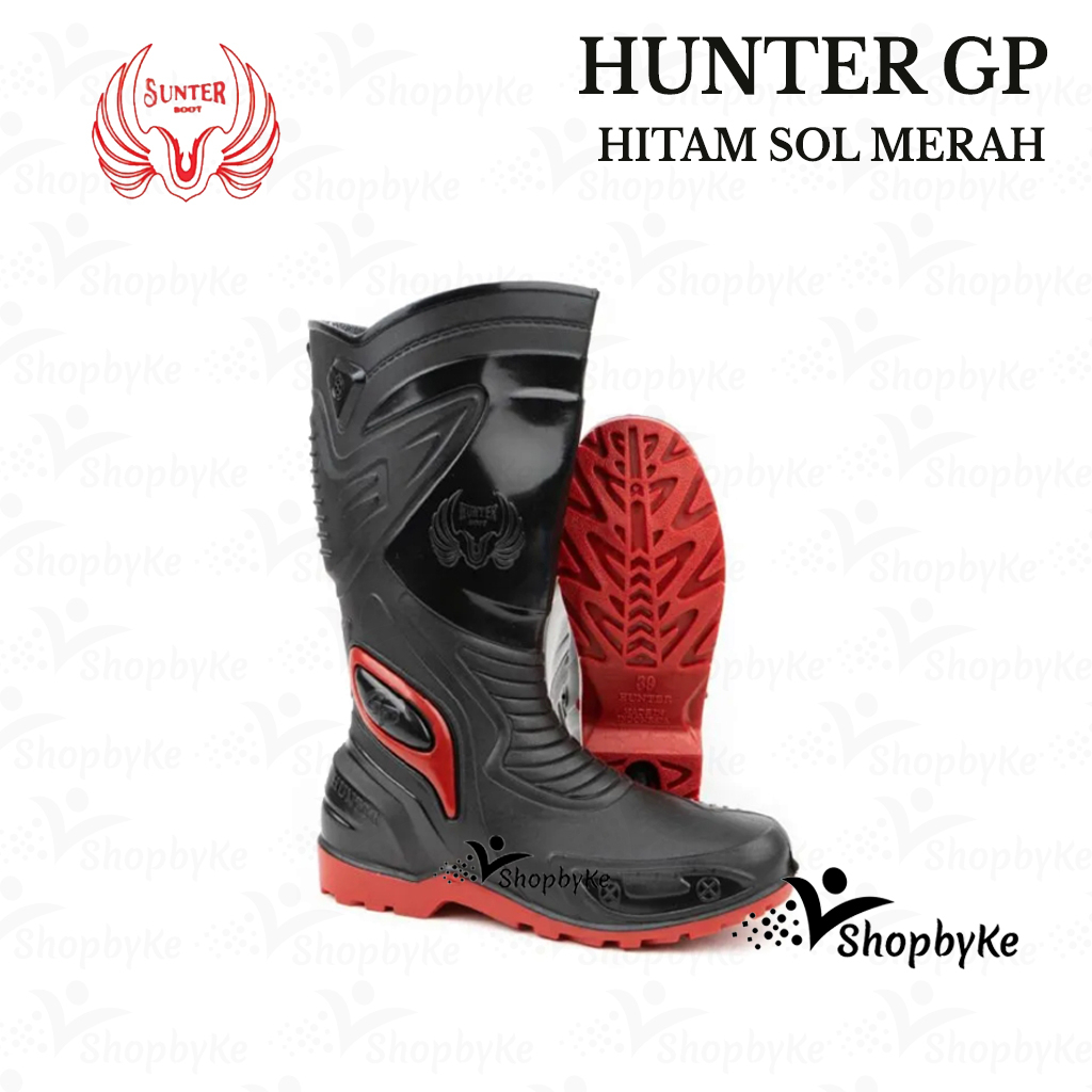 Sepatu Boots Tinggi HUNTER GP 1 Hitam/MERAH Size 39-44 / Sepatu Boots Tinggi MOTOR Tangguh Fashion