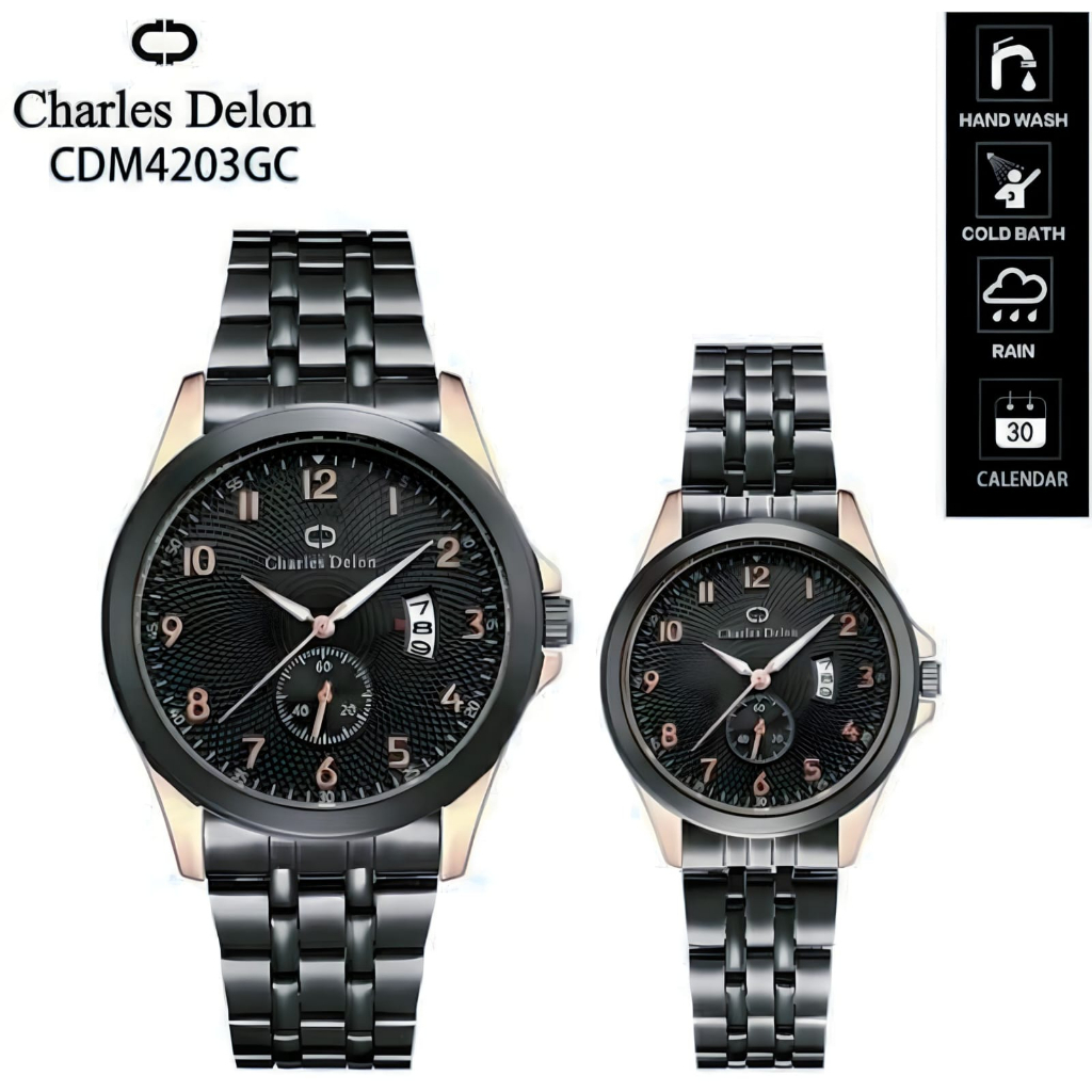 [COD] Jam Tangan Analog Couple Pria Wanita Charles Delon Original Water Resisit Rantai Stainless