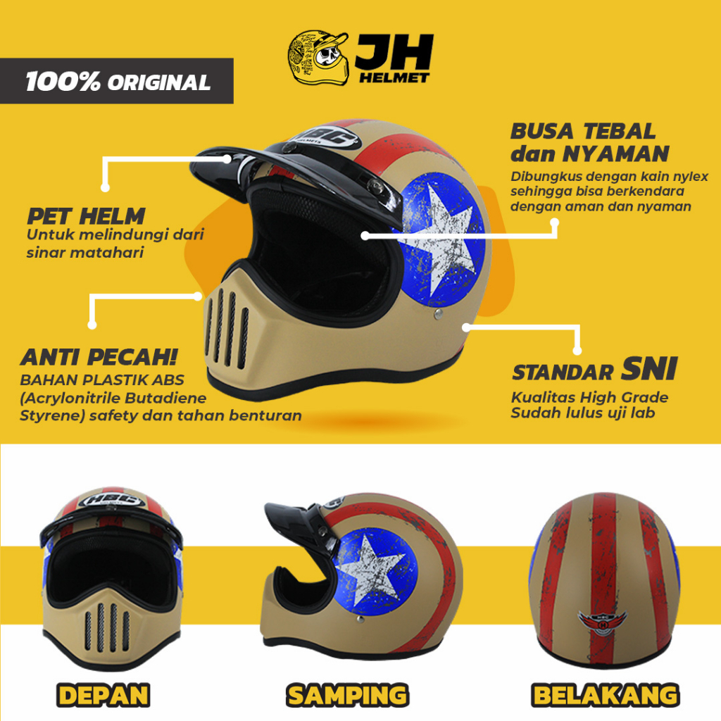 Helm Cakil HBC Captain America Cappucino Doff + FREE GOGGLE | Retro Full Face | JUAL HELM