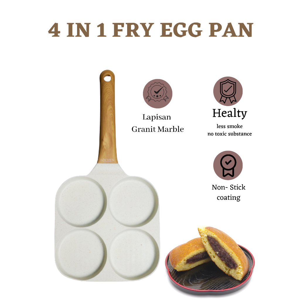 KOCHEN Egg Pan Wajan 4 Lubang Pancake Dorayaki Anti Lengket Telur Mata Sapi Gagang Kayu Kompur Induksi Wajan Penggoreng Telur Fry Pan