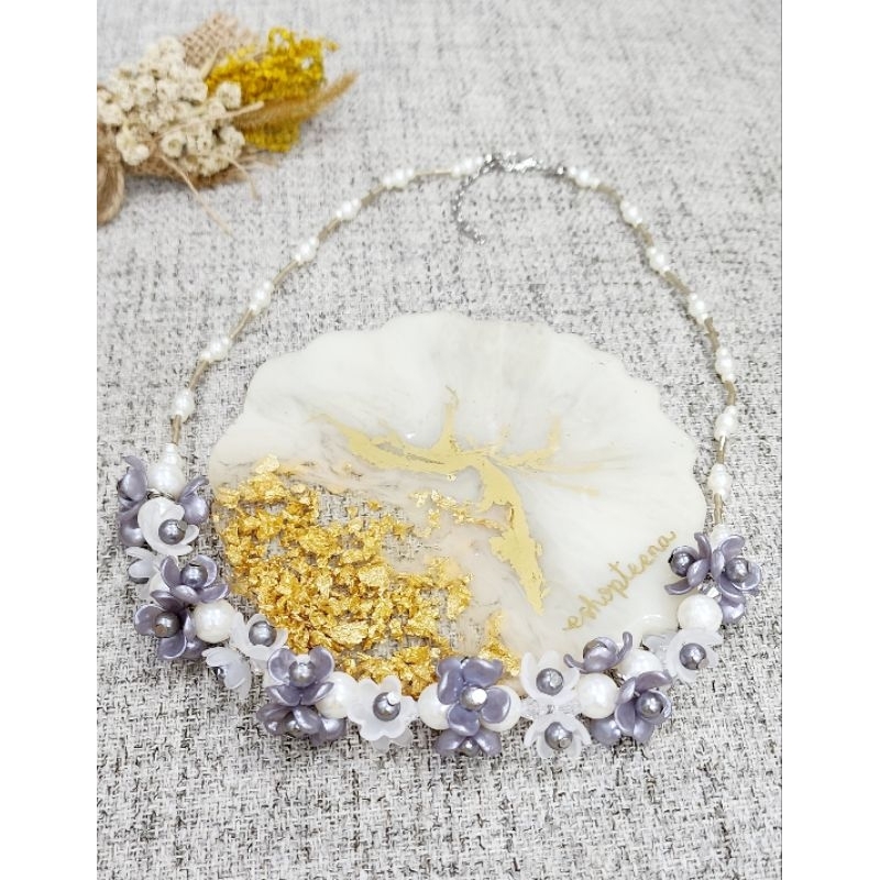 kalung hijab bunga akrilik pearl rantai gold_kalung jilbab_kalung