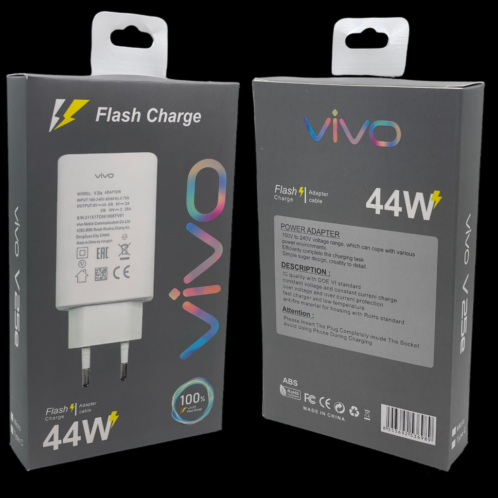 Travel Charger Vivo V25 Pro 44W Support FlashCharge/ Vivo V11 PRO 3.0 QUALCOMM Casan Vivo 3.0A QC + Kabel Data Micro FAST CHARGER FAST CHARGING