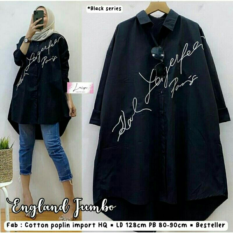 England Jumbo tunic warna hitam black tunik oversize bahan Katun poplin bordir big size xxxl casual