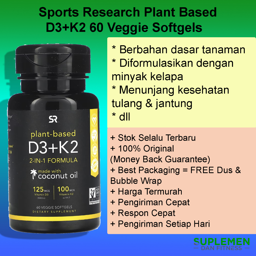 Sports Research Plant Based D3+K2 60 Veggie Softgels 2 in 1 Formula Vegan Coconut Oil Minyak Kelapa 