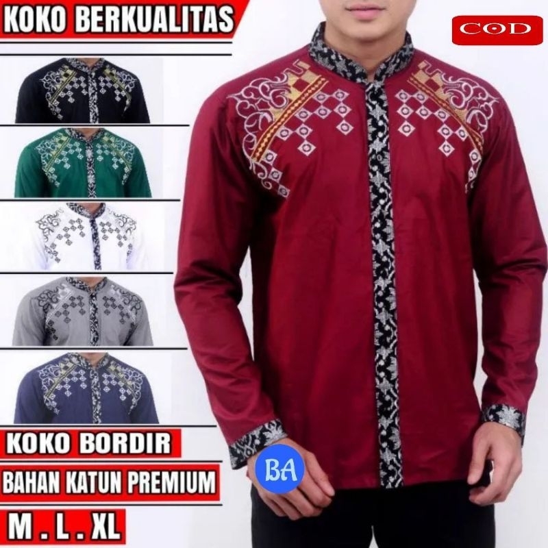 COD Baju Koko Pria Motif Catur - Koko Bordir Lengan Panjang - Atasan Muslim Pria