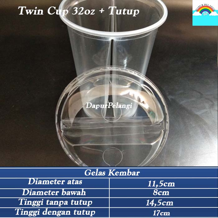 Gelas Plastik Kembar/Twin Cup 32oz/Gelas 2 in 1 + Tutup/Gelas 1set