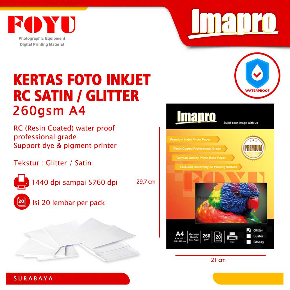 

Kertas Cetak Foto Picture Photo Paper Sheet Lembaran Mesin Printer Inkjet Imapro Professional RC Glitter 260gsm A4