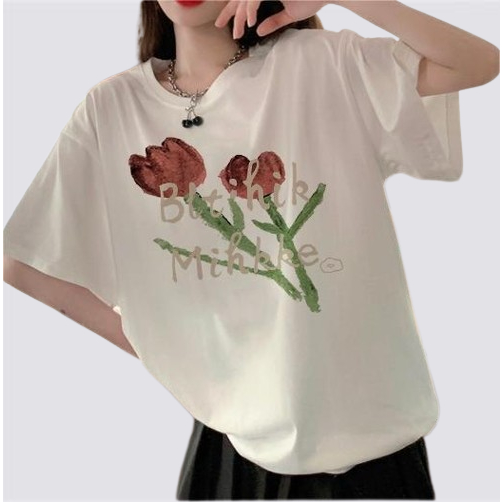 XIAOZHAINV Korean Style Tulip Pattern Printing Kaos Wanita A0005