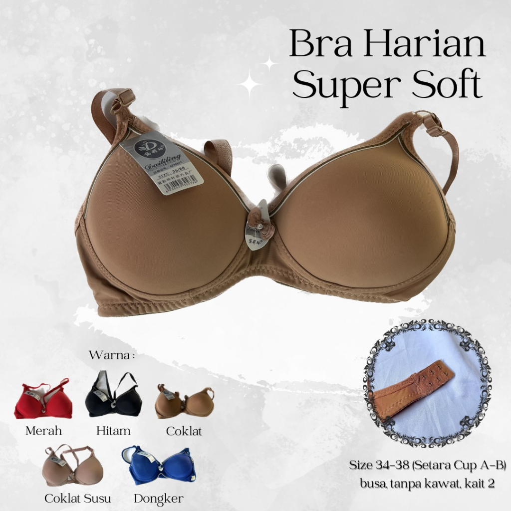 BH Wanita Harian Super Soft Pakaian Dalam Wanita Kait 2 Tanpa Kawat Setara Cup A-B Bra - 1 pcs