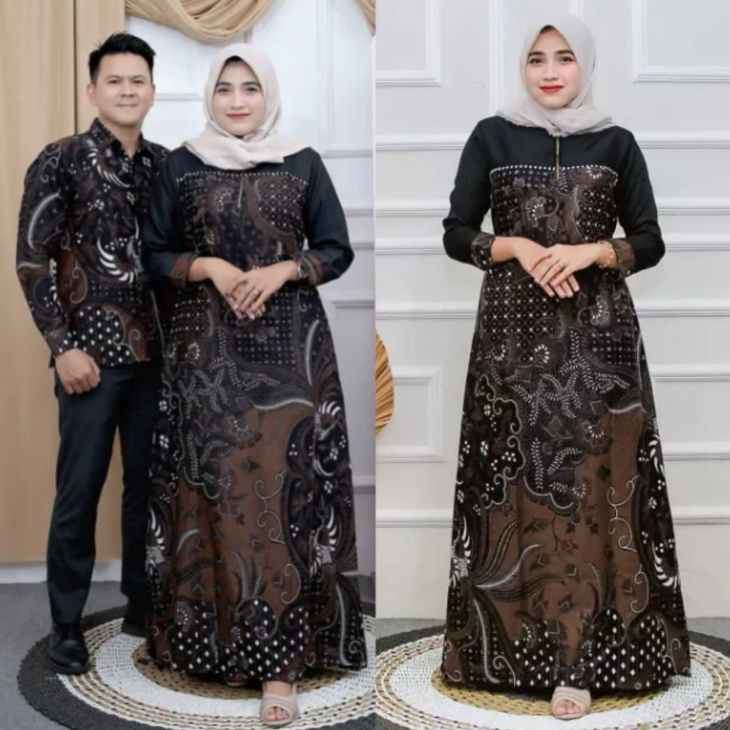 Gamis batik couple - gamis batik terbaru - gamis batik kombinasi - batik couple - batik kapelan - batik sarimbit - batik wanita