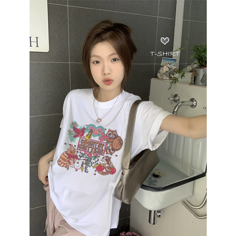 EUNII T-shirt Lengan Pendek Cartoon Cat Story Painting Printing Korean Style/Kaos Atasan Wanita/Baju Wanita/Kaos Wanita