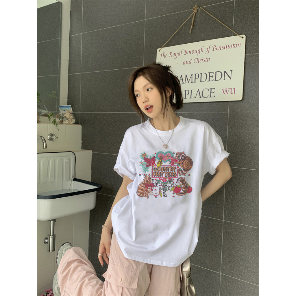 EUNII T-shirt Lengan Pendek Cartoon Cat Story Painting Printing Korean Style/Kaos Atasan Wanita/Baju Wanita/Kaos Wanita